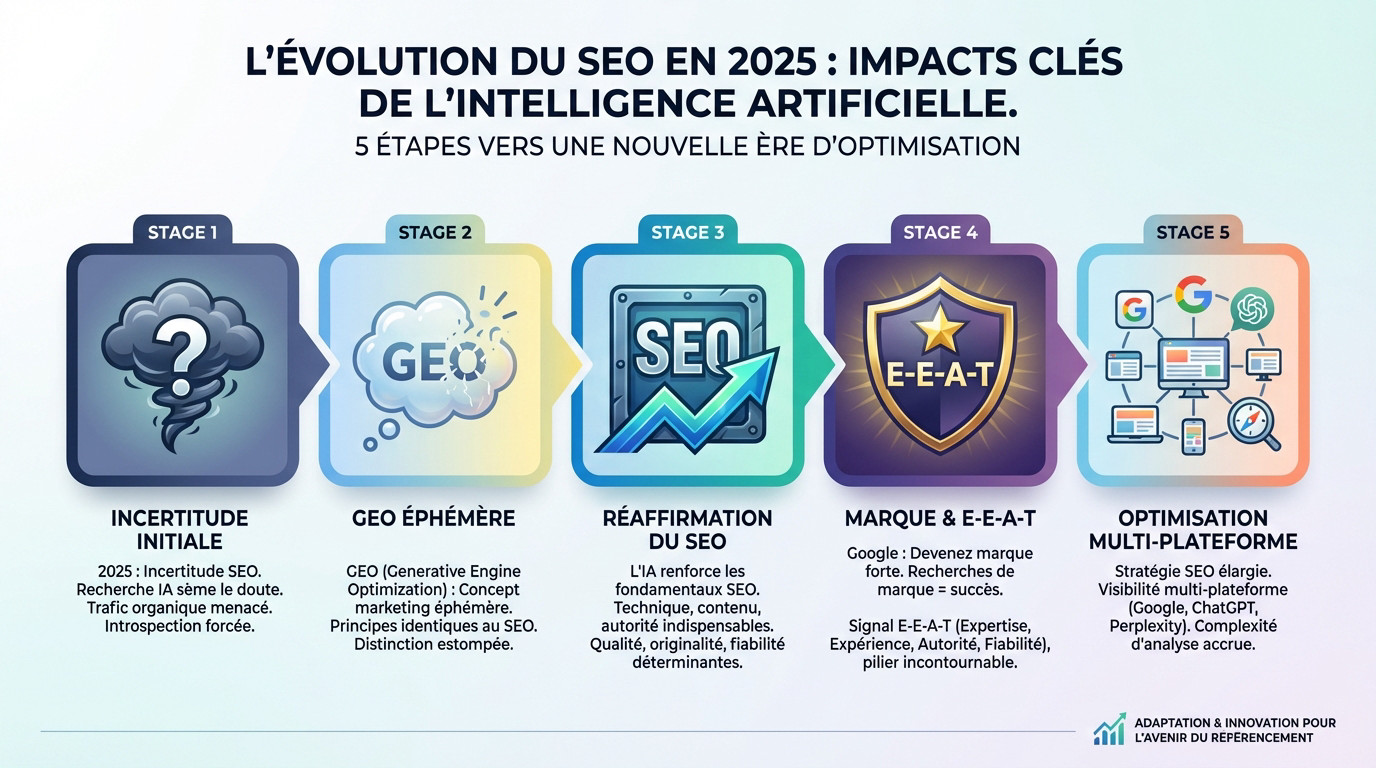 Schéma illustrant l'évolution du SEO en 2025 et les impacts clés de l'intelligence artificielle sur les stratégies de recherche