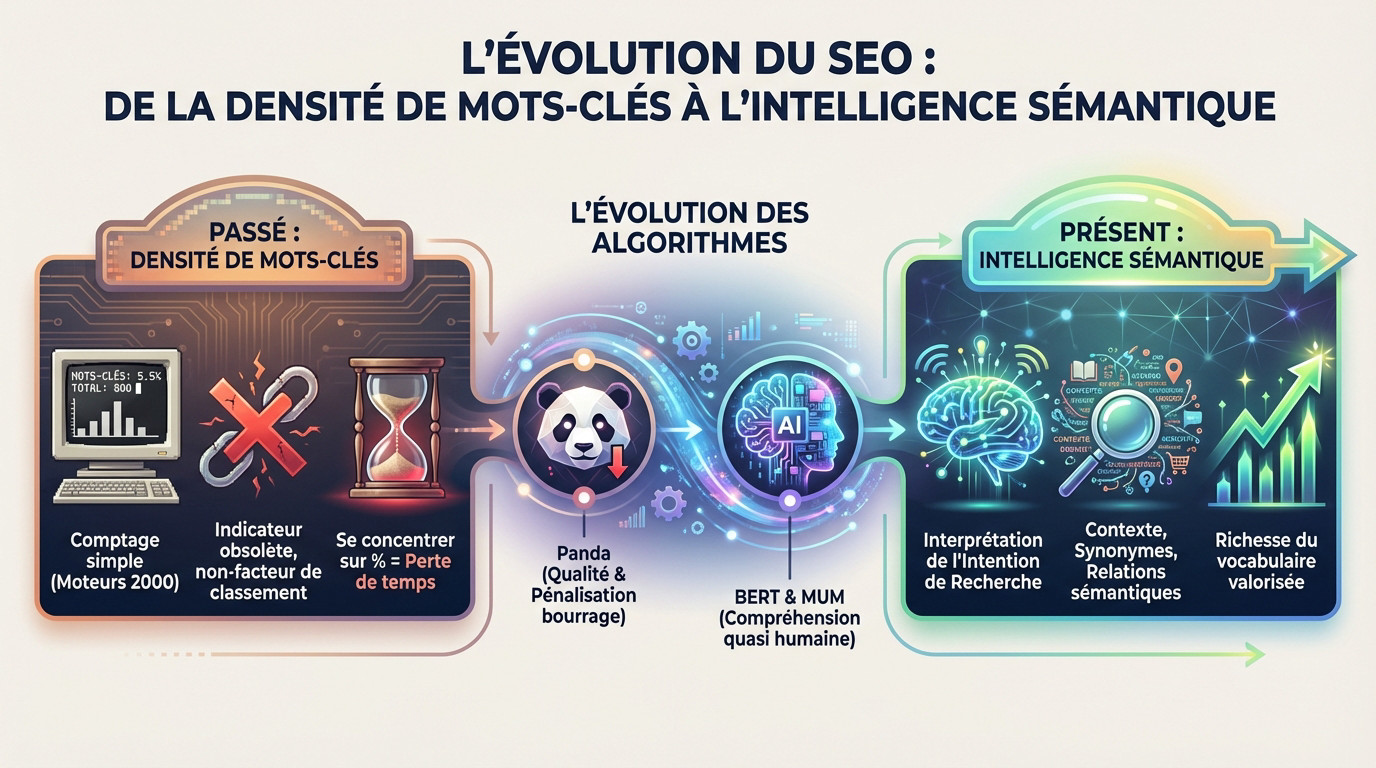 Schéma illustrant l'évolution du SEO du bourrage de mots-clés vers l'intelligence sémantique et la compréhension du contexte par les algorithmes Google