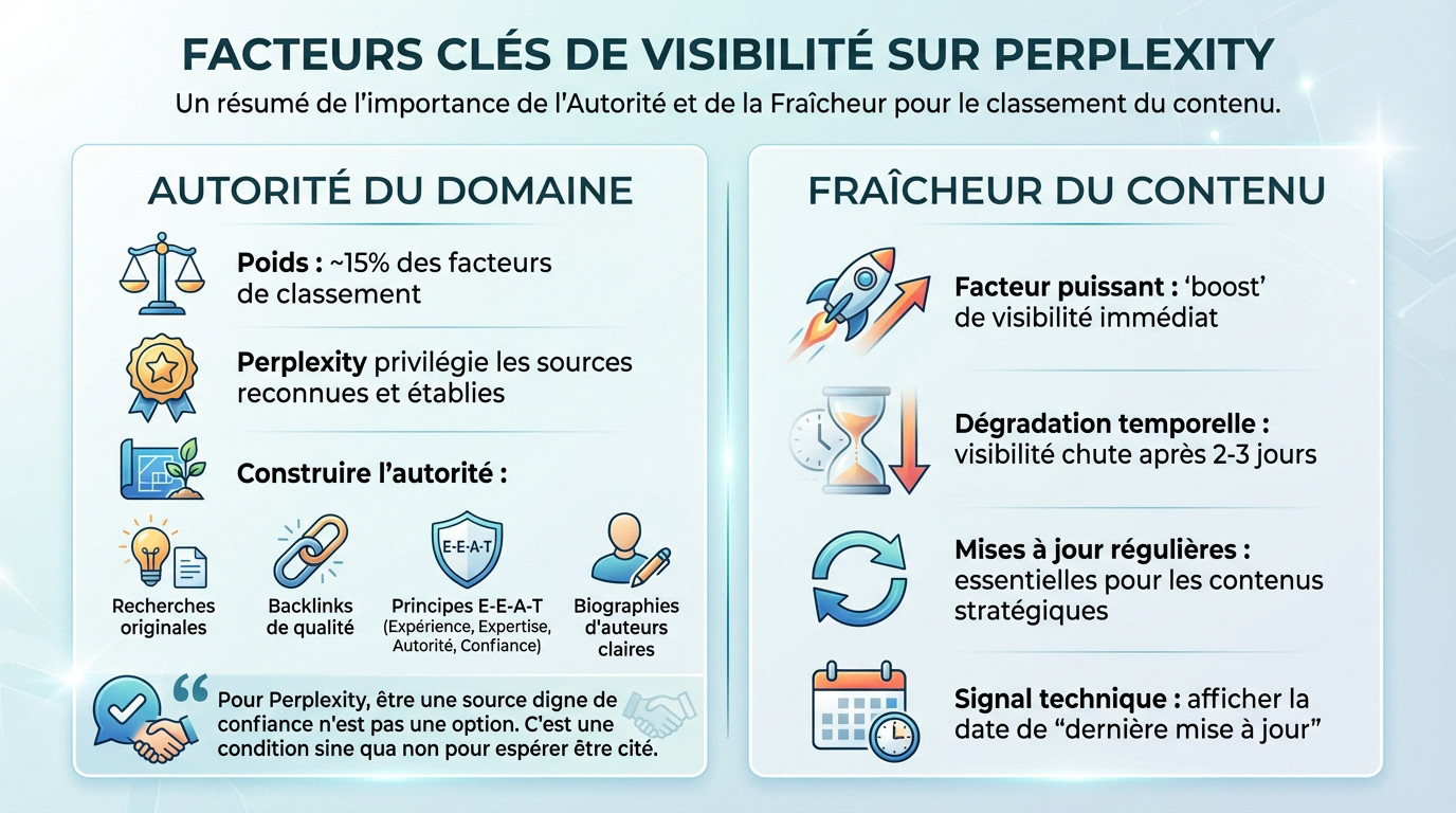 Graphique illustrant l'impact de l'autorité du domaine et de la fraîcheur du contenu sur le classement Perplexity