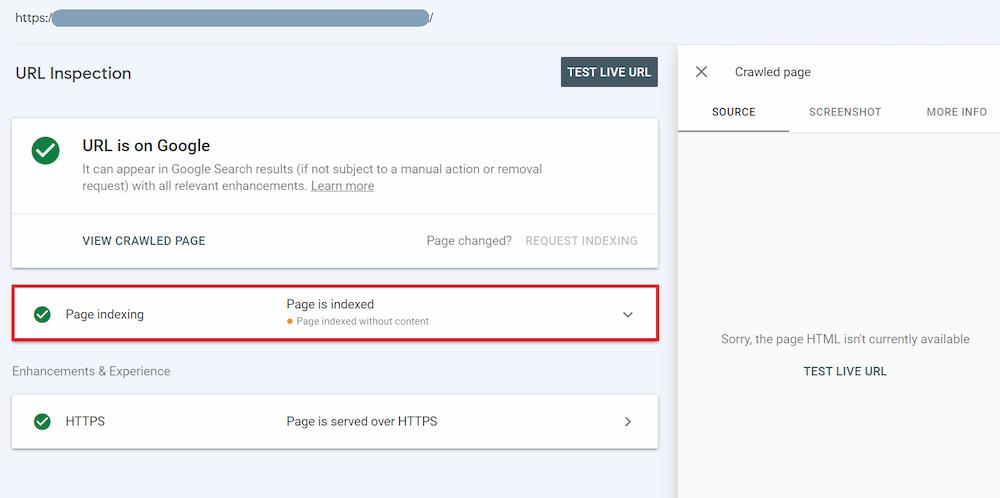 Rapport Google URL inspection, indexée sans contenu.