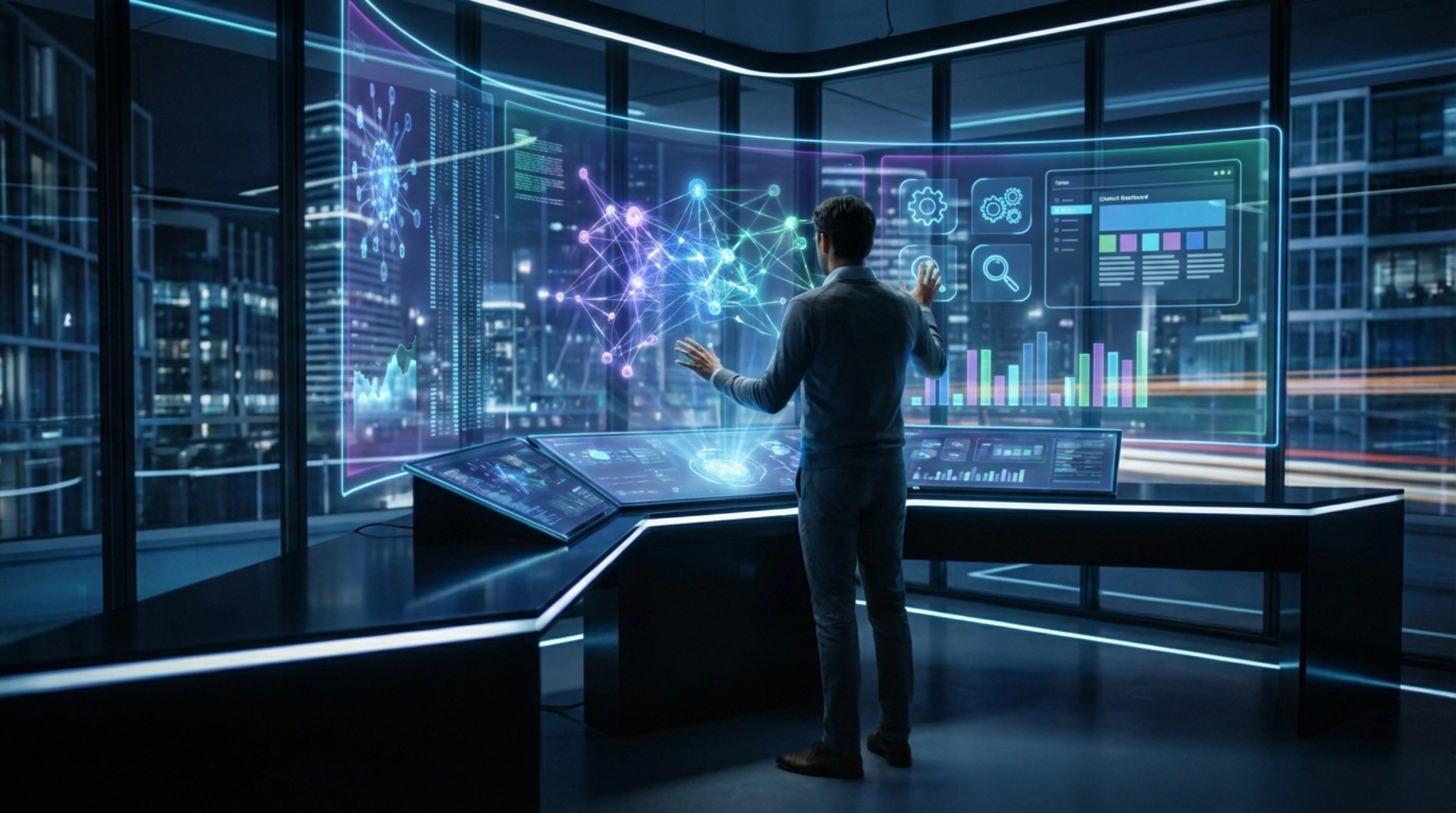 Homme utilisant écran tactile interactif de données futuristes.