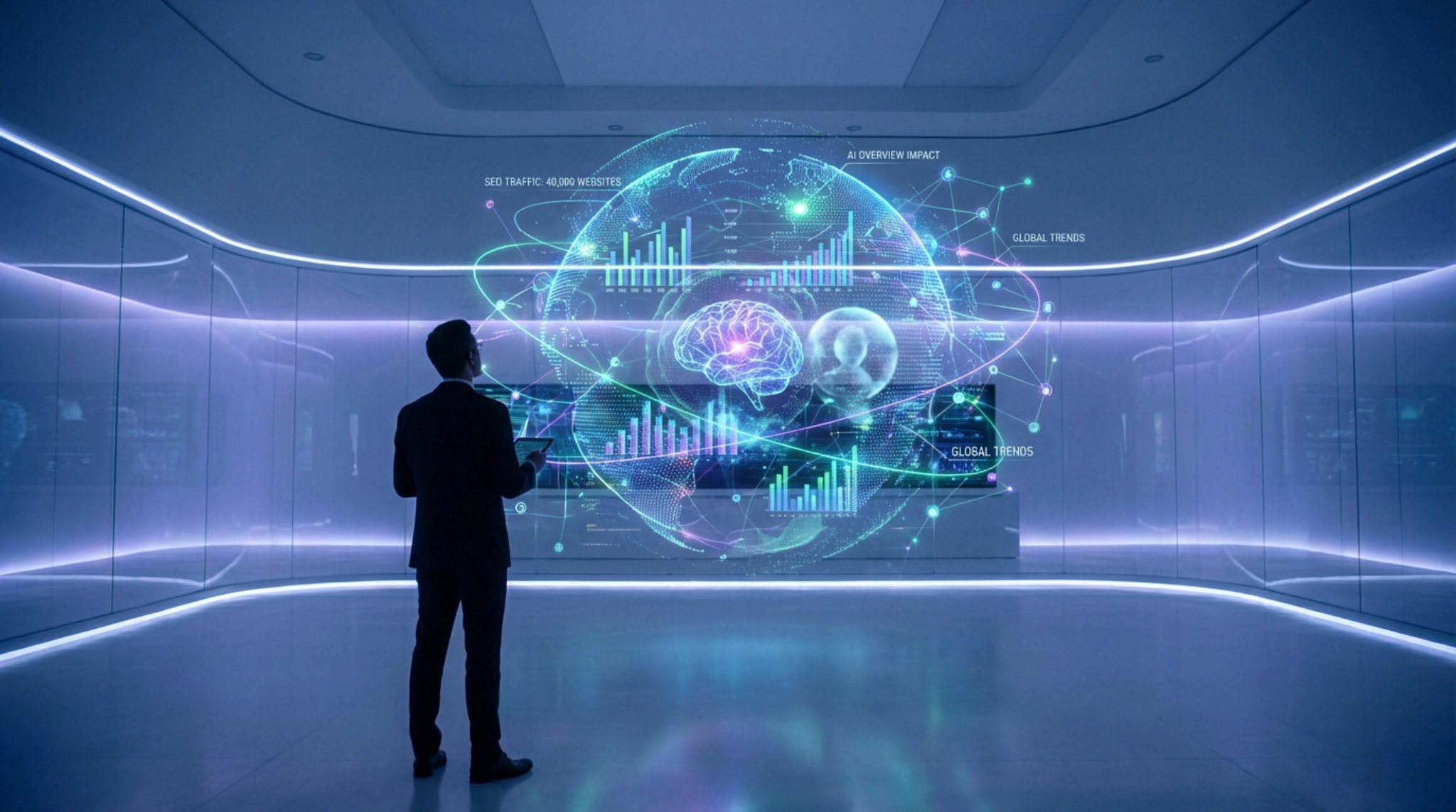 Man observes a holographic display of vibrant SEO traffic data for 40,000 websites, with AI impact and global trends in a futuristic room.