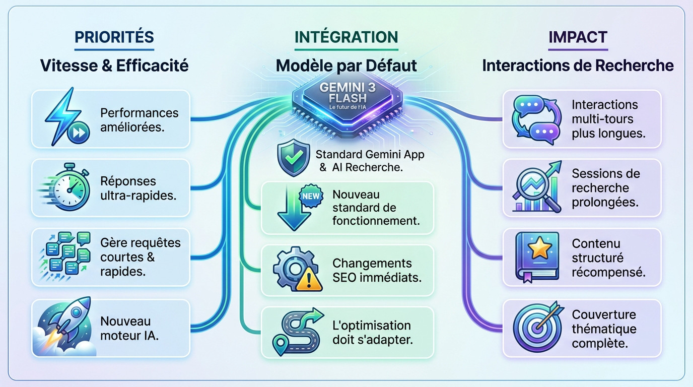 Schéma expliquant les priorités de vitesse et l'impact de l'intégration de Gemini 3 Flash sur le SEO