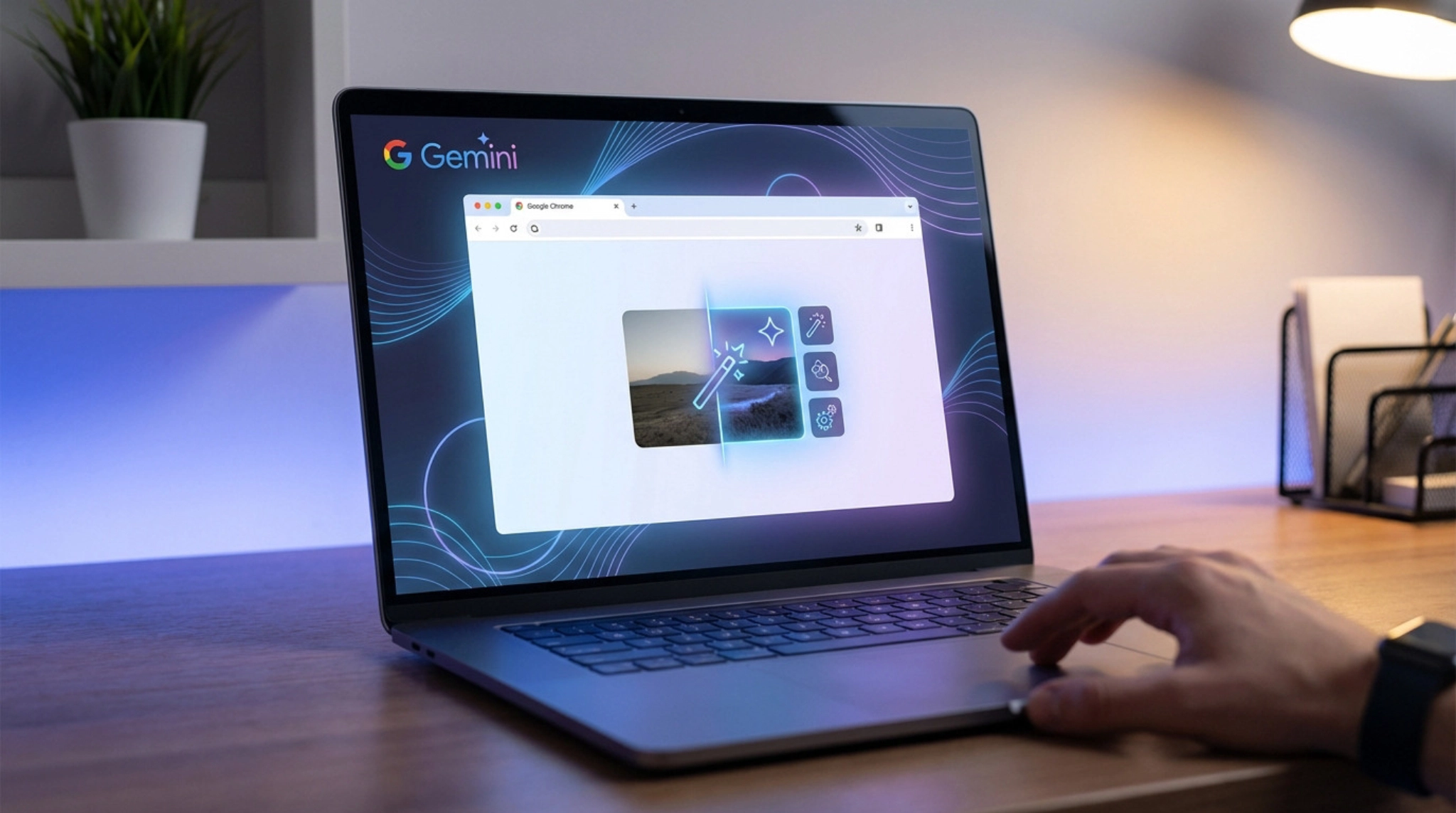 Modern laptop with Gemini AI in Chrome, showing smart image editing tools and glowing effects. User's hand on trackpad in a modern workspace.