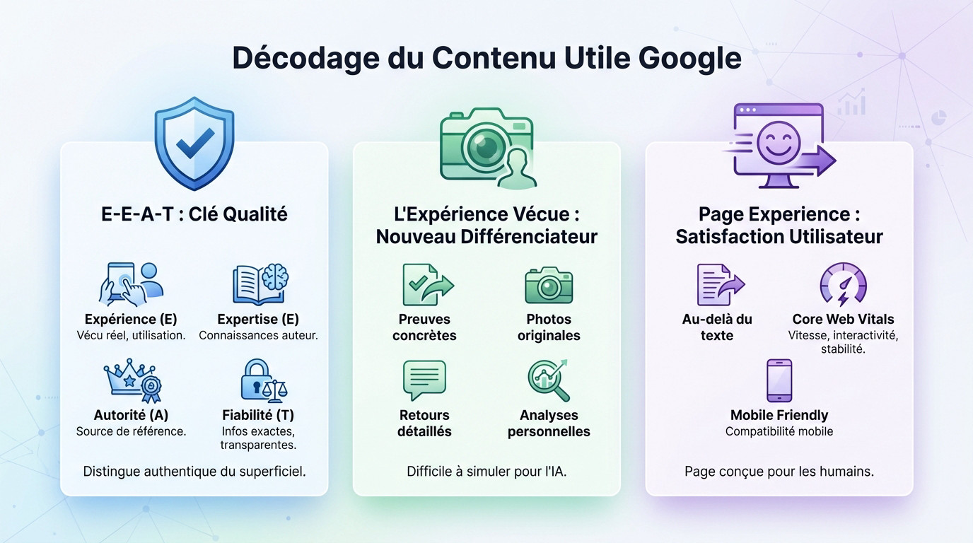 Schéma illustrant les piliers E-E-A-T et l'importance de l'expérience utilisateur pour le classement Google