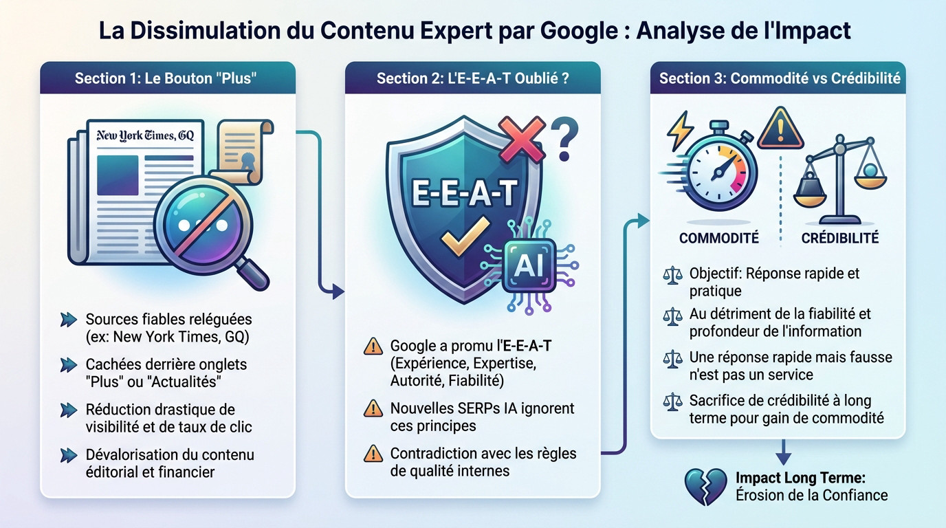 Analyse de l'impact de la dissimulation du contenu expert par Google dans les SERPs IA