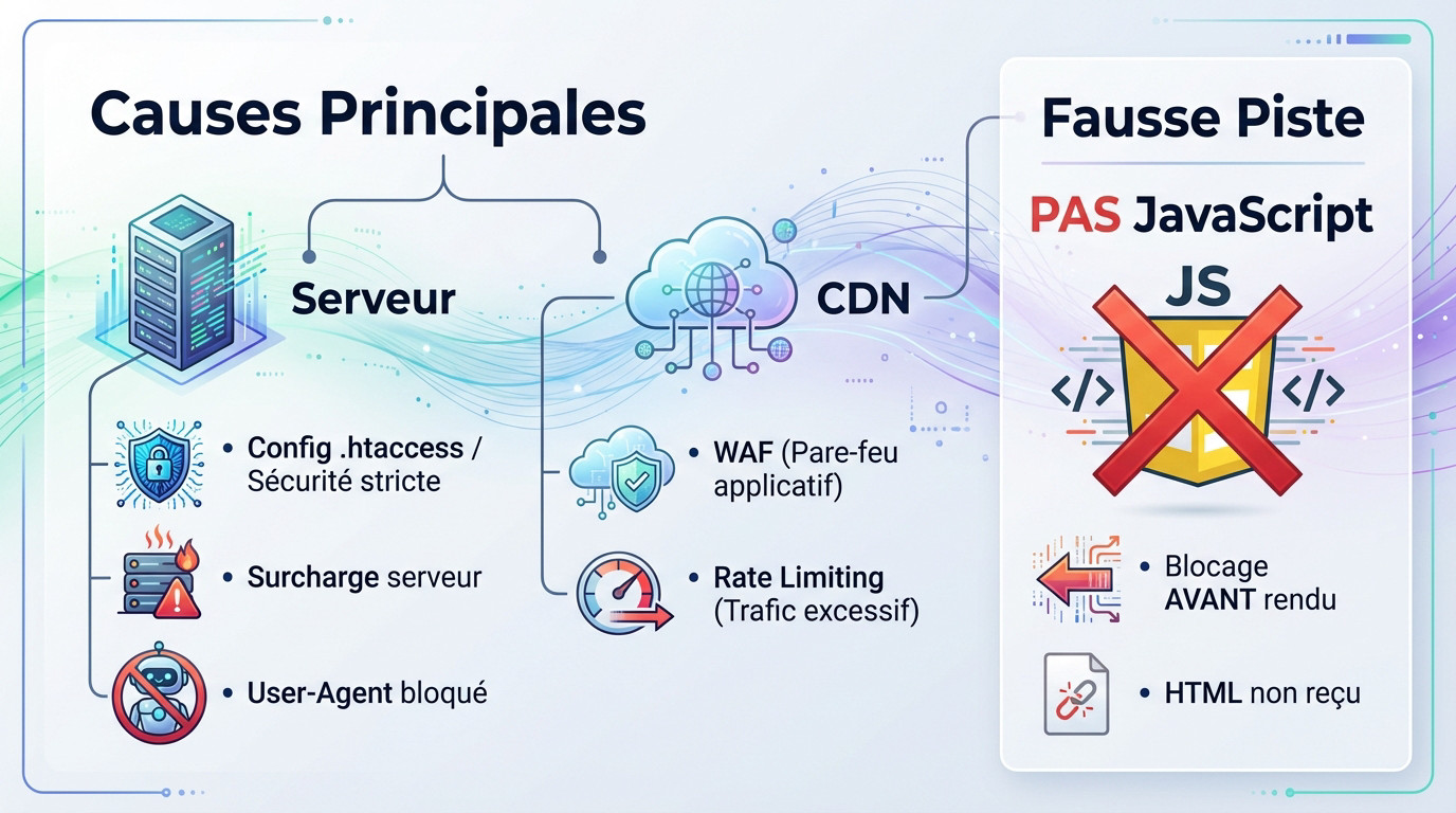 Schéma technique montrant Googlebot bloqué par un pare-feu serveur ou CDN, illustrant l'erreur page indexée sans contenu