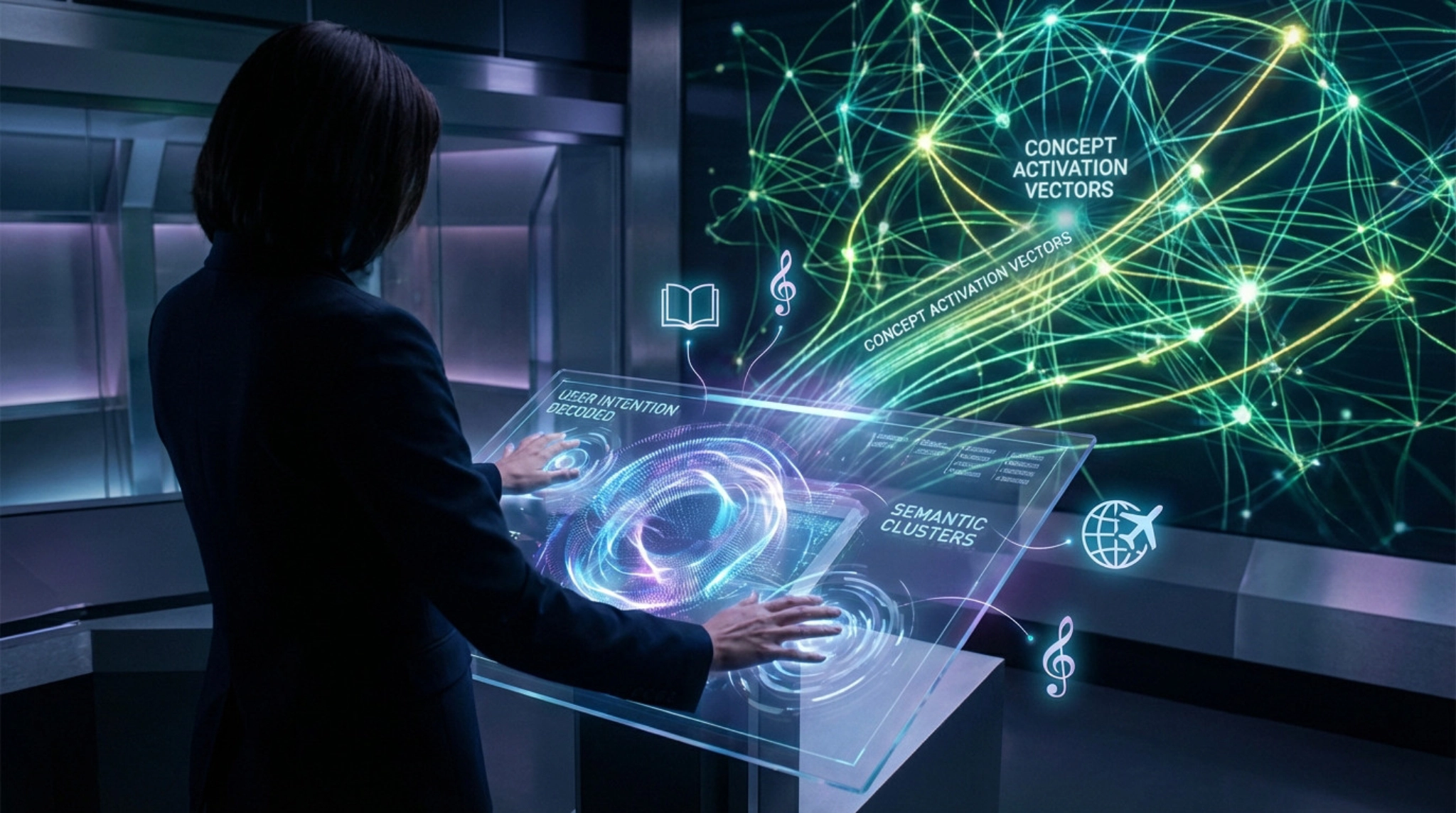 Individual uses a holographic interface with glowing data. A neural network decodes intent, showing personalized icons (book, music, travel).
