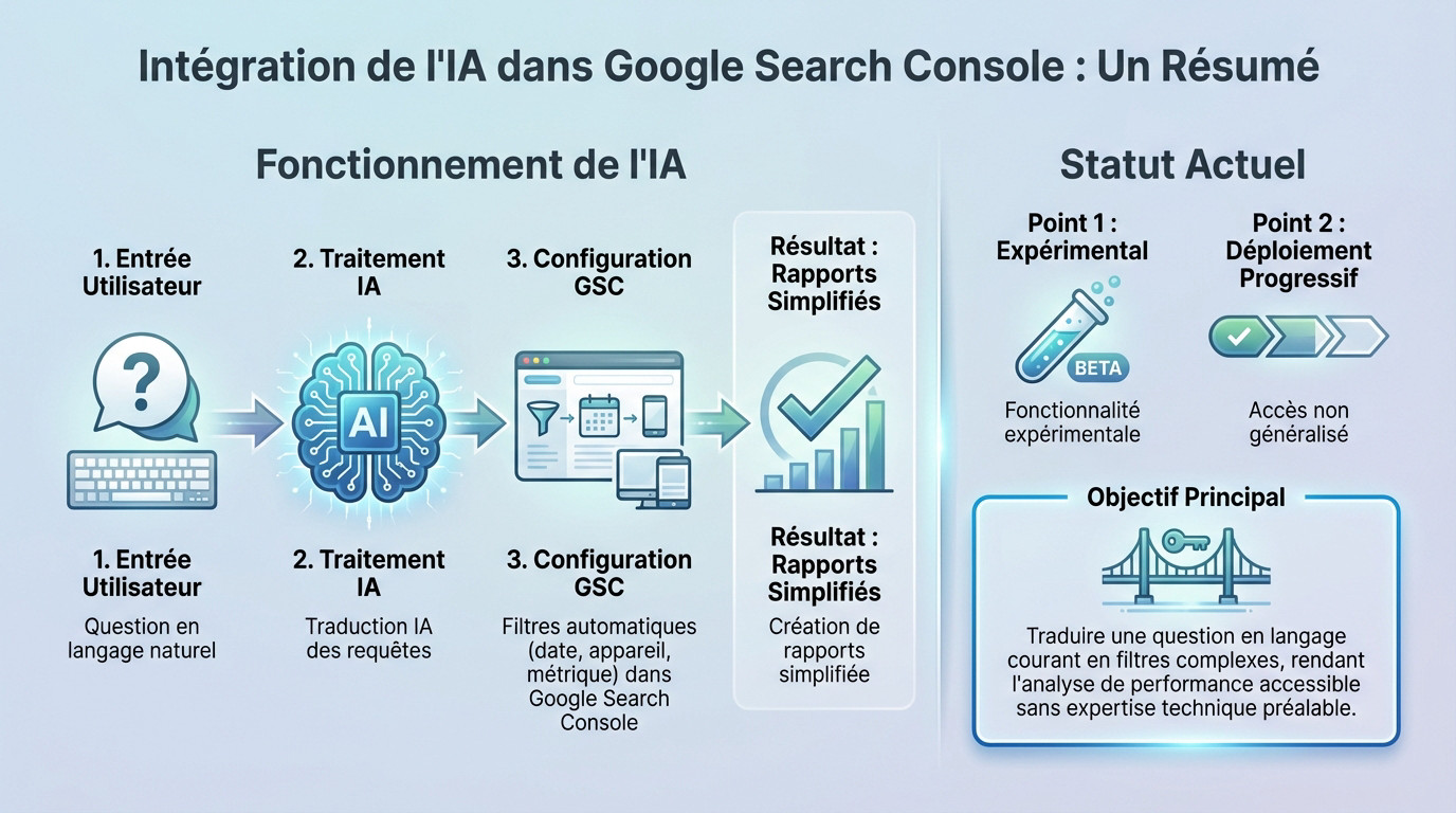Interface de Google Search Console illustrant la configuration de rapports par IA via le langage naturel