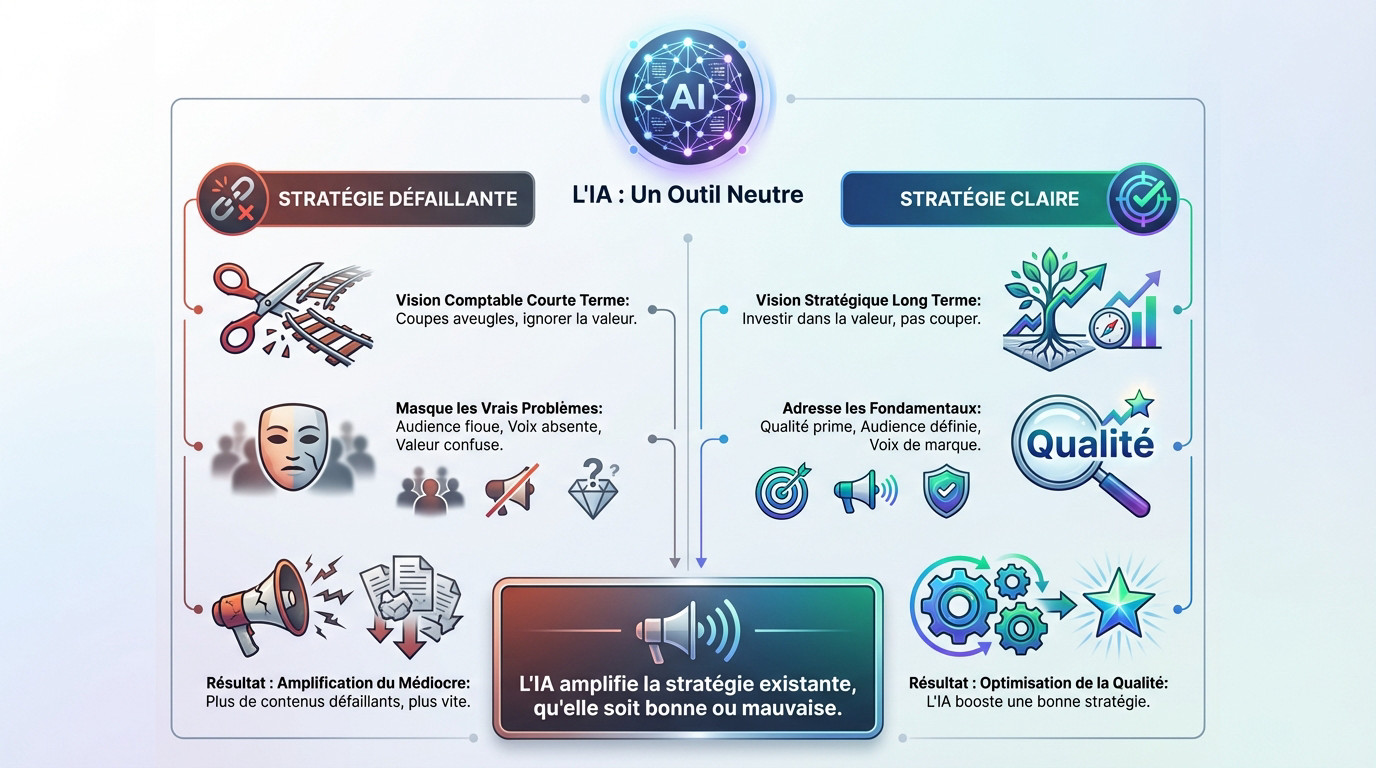 Illustration conceptuelle montrant l'IA comme un outil neutre dont l'efficacité dépend de la stratégie humaine