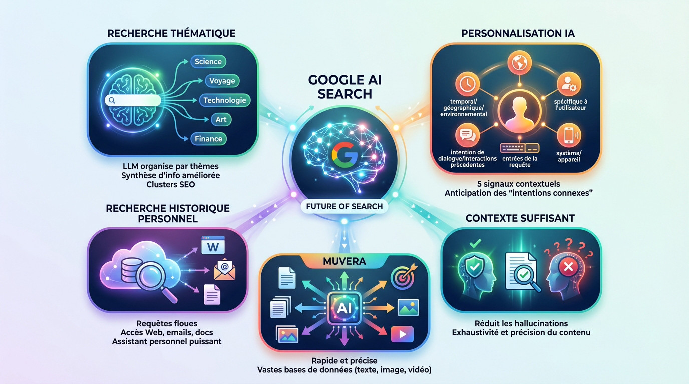 Infographie détaillant les brevets Google sur la recherche IA et la personnalisation contextuelle