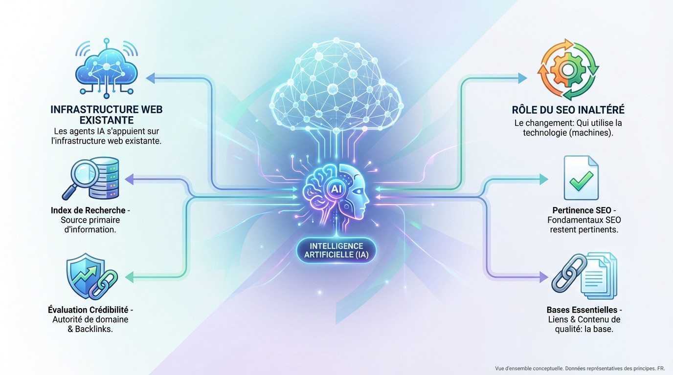 Infographie illustrant comment les agents IA utilisent l'infrastructure web existante et les fondamentaux SEO
