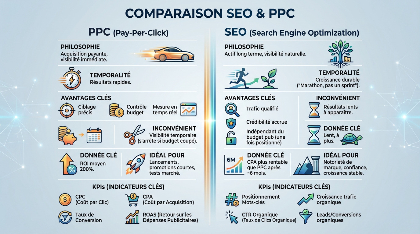 Infographie comparant les stratégies marketing SEO et PPC pour l'allocation budgétaire