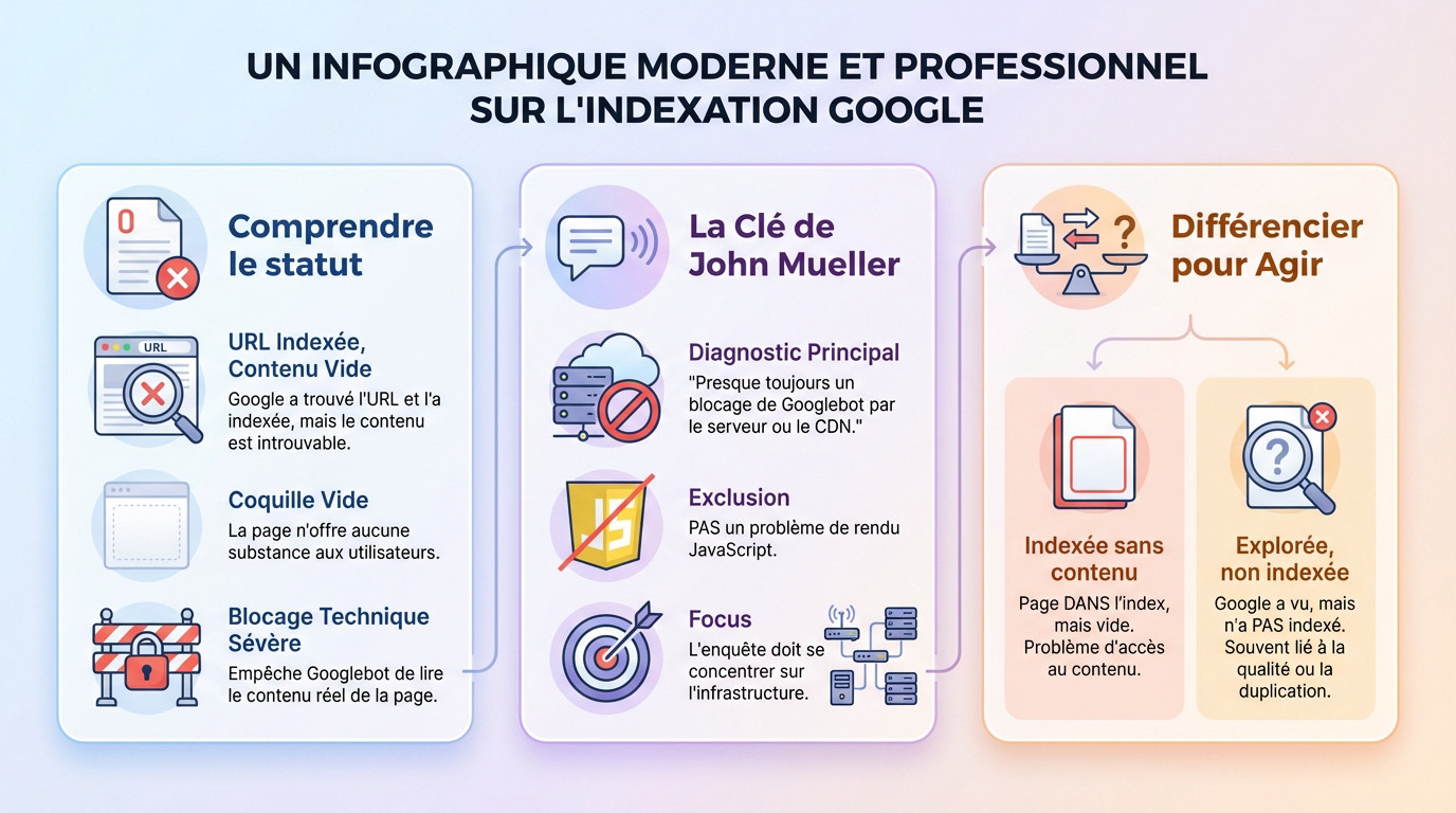 Infographie détaillant le processus d'indexation Google et les blocages serveurs