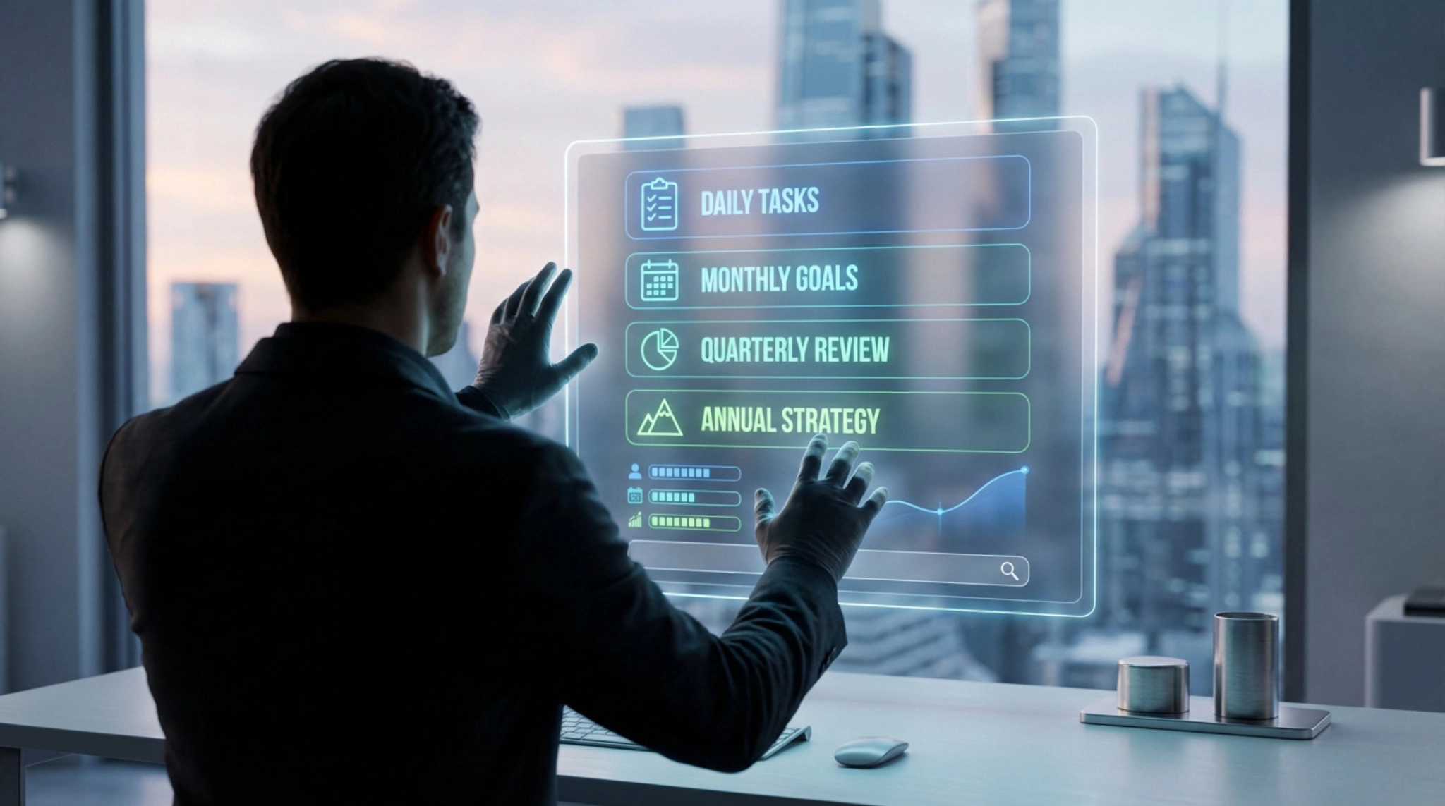 Anonymous person interacting with a glowing holographic display featuring a digital checklist for daily, monthly, quarterly, and annual tasks.