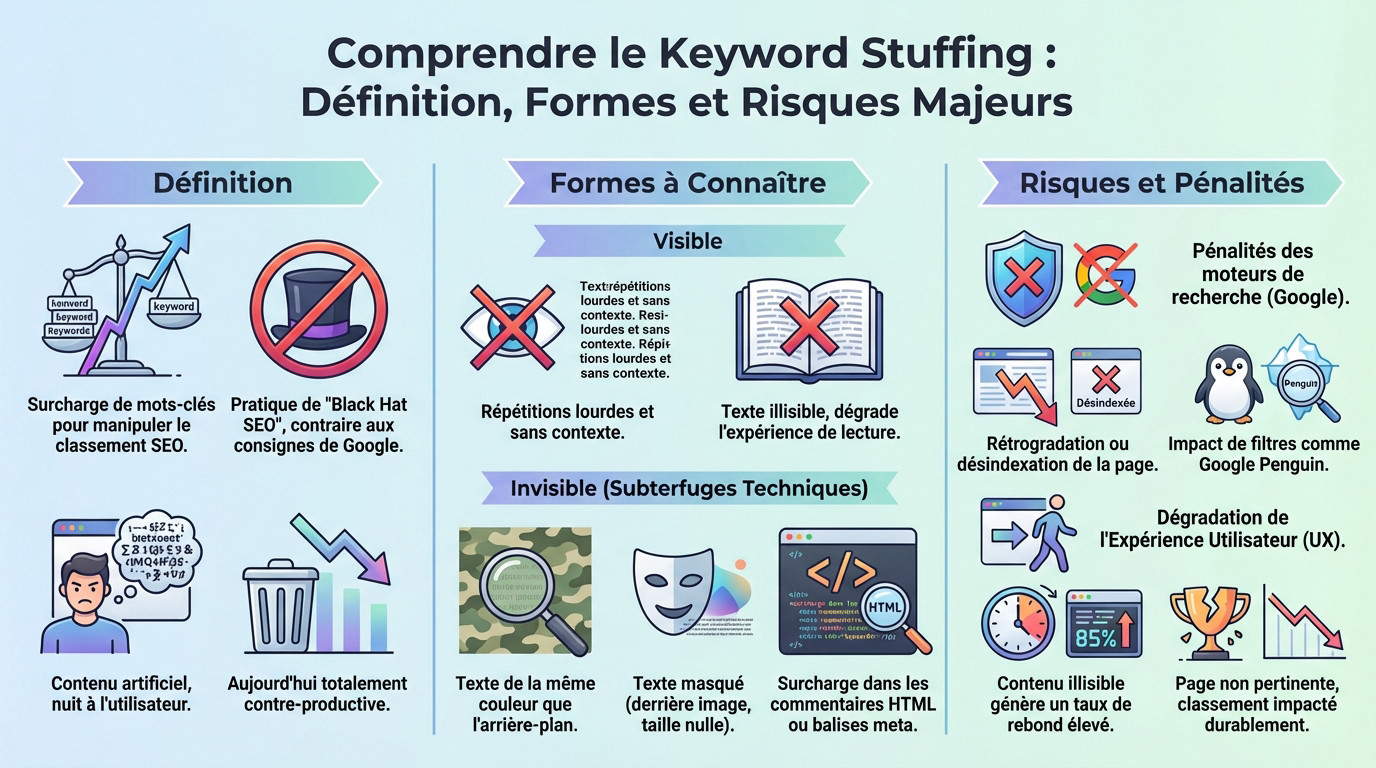 Illustration des risques et formes du bourrage de mots-clés en SEO