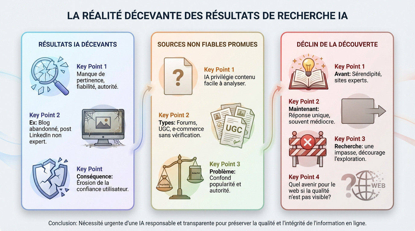 Analyse critique des résultats de recherche Google générés par IA montrant des sources de faible qualité