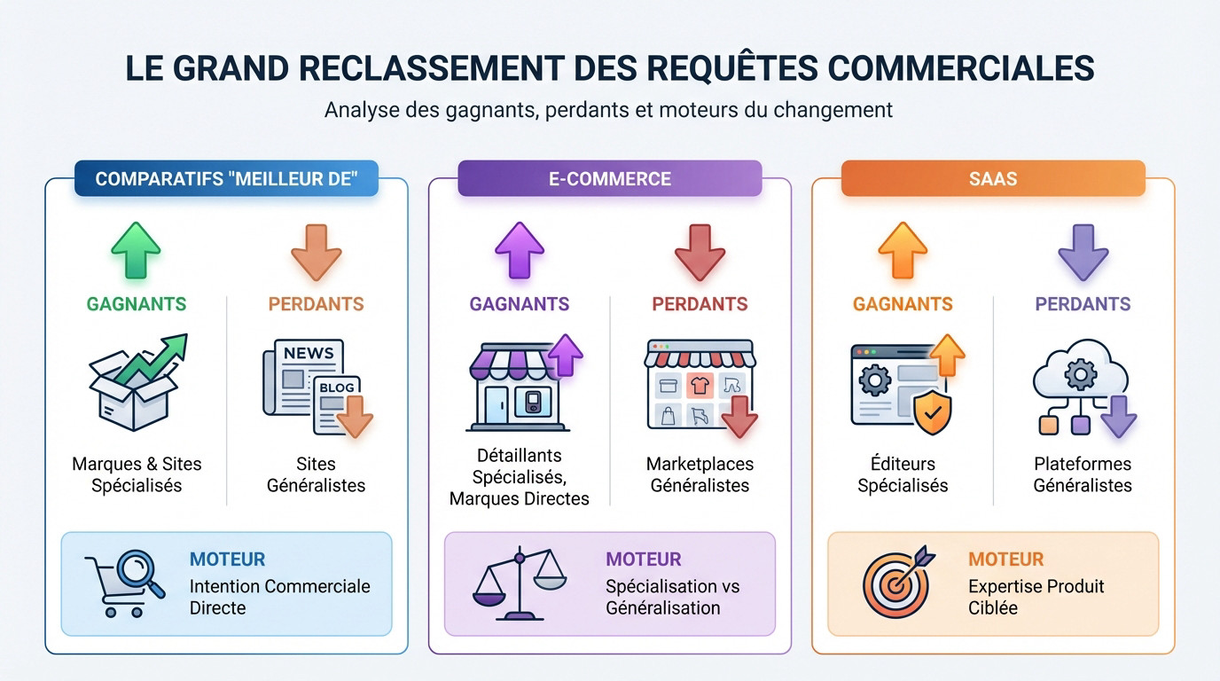 Graphique montrant la baisse de visibilité des sites généralistes face aux marques spécialisées après la mise à jour Google