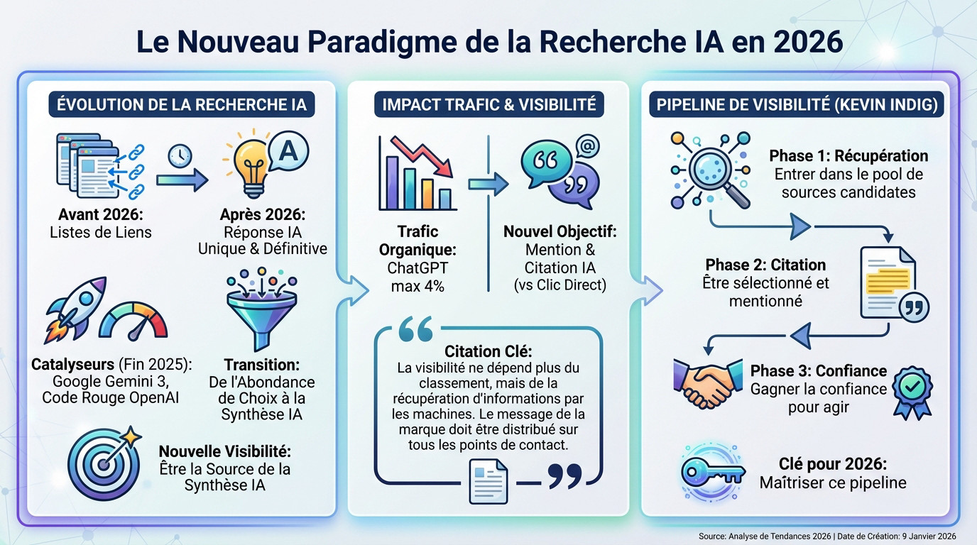 Schéma illustrant le passage de la recherche traditionnelle vers la réponse unique par IA en 2026