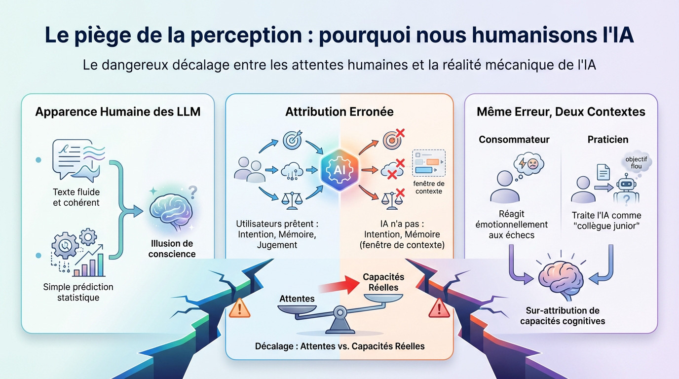 Illustration symbolisant le décalage entre l'apparence humaine de l'IA et sa réalité algorithmique