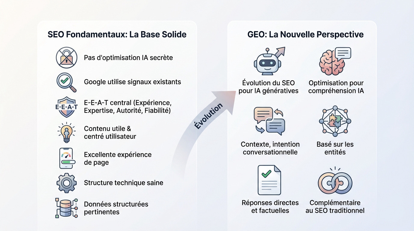 Schéma illustrant l'évolution du SEO vers le GEO et l'importance des fondamentaux techniques