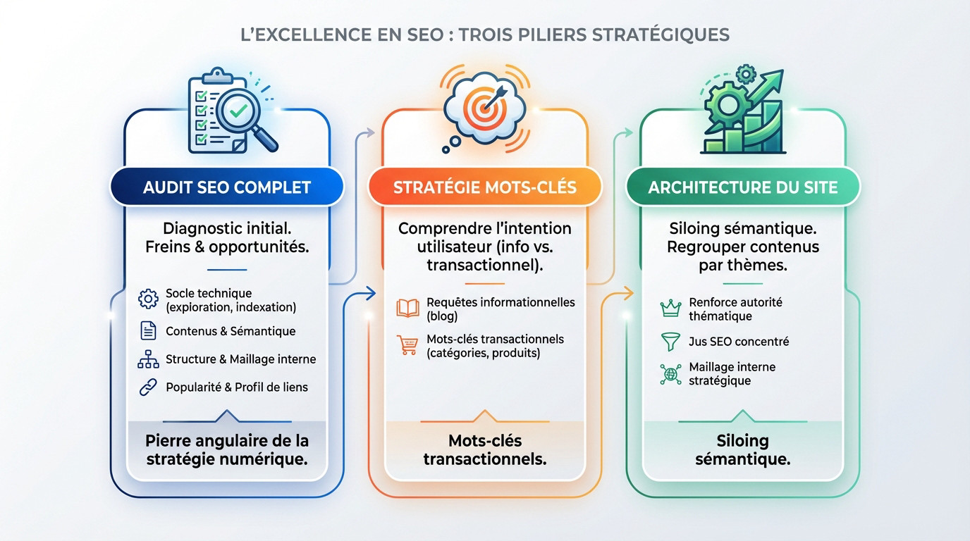 Illustration des trois piliers stratégiques du SEO pour le e-commerce