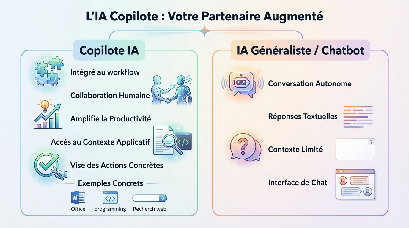Illustration conceptuelle d'une intelligence artificielle agissant comme copilote pour un professionnel