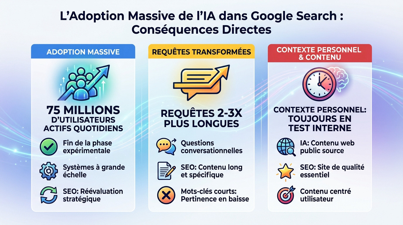 Graphique montrant la croissance des utilisateurs du mode IA de Google et l'impact sur le SEO