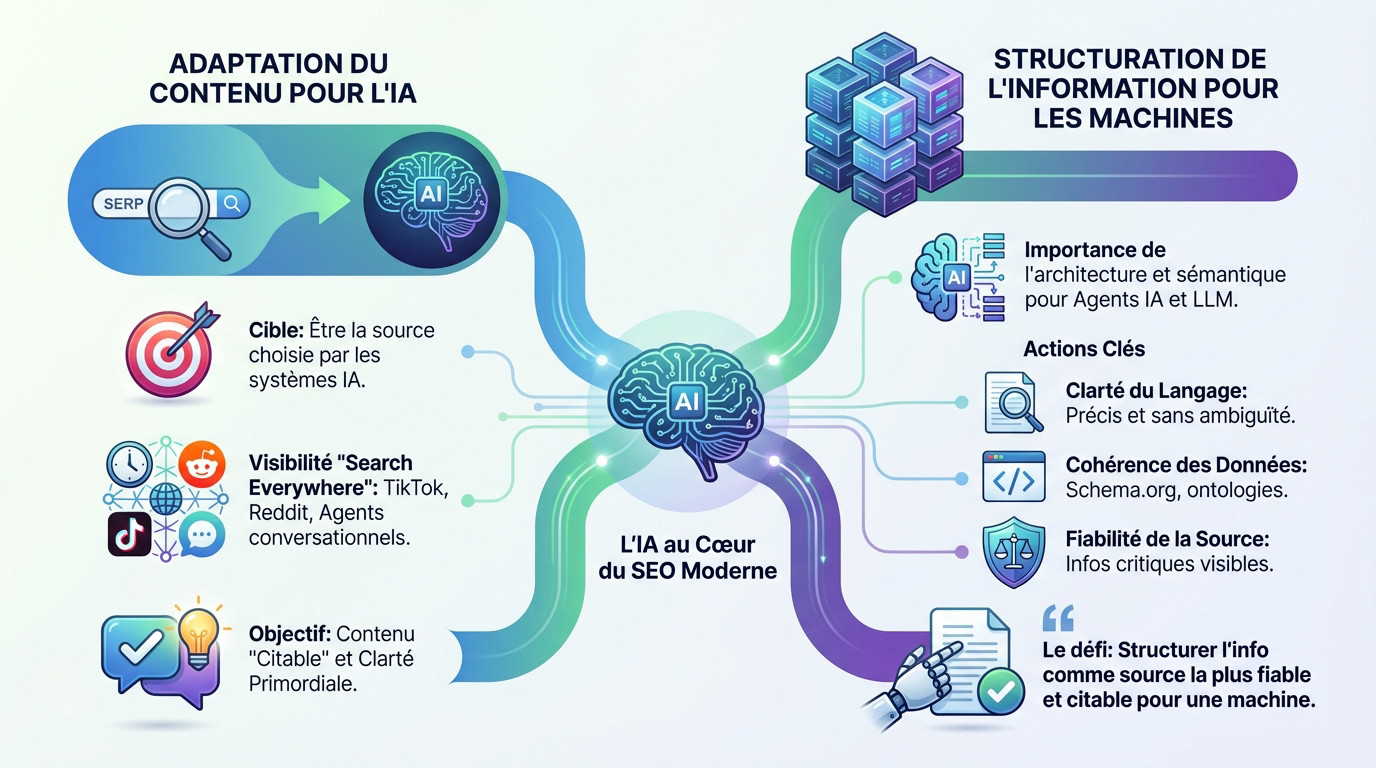 Illustration de l'adaptation des stratégies SEO pour les systèmes d'intelligence artificielle et la structuration des données