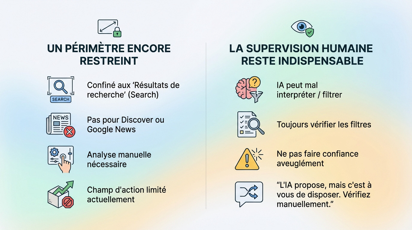 Interface Google Search Console montrant les limitations de la configuration par IA pour les rapports de performance