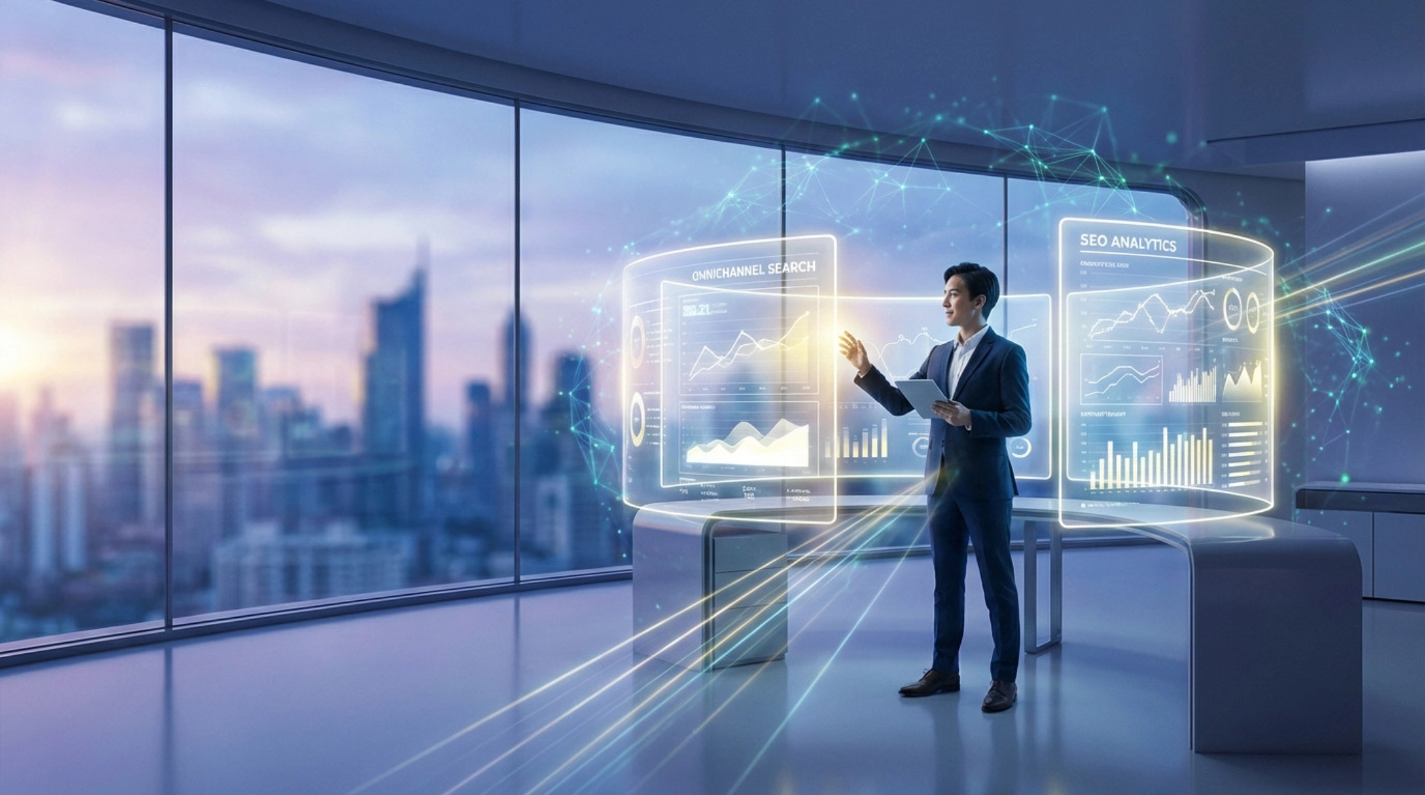 Homme analysant graphiques numériques SEO panorama urbain.