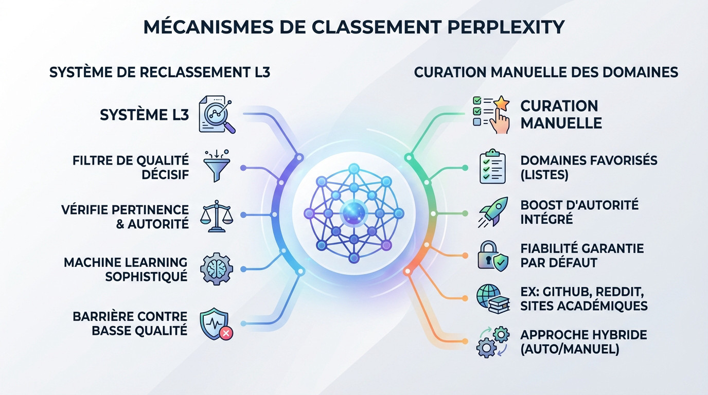 Schéma technique illustrant le système de reclassement L3 et la curation des sources par Perplexity