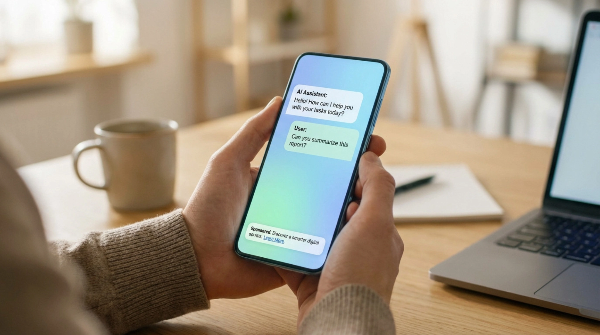 Hands hold smartphone showing AI chatbot conversation, asking to summarize a report. A subtle digital ad is visible. Blurred office background.