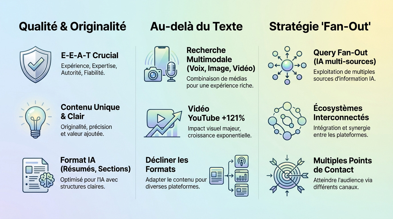 Schéma illustrant l'optimisation de contenu pour l'IA : qualité E-E-A-T, approche multimodale et stratégie de Query Fan-Out.