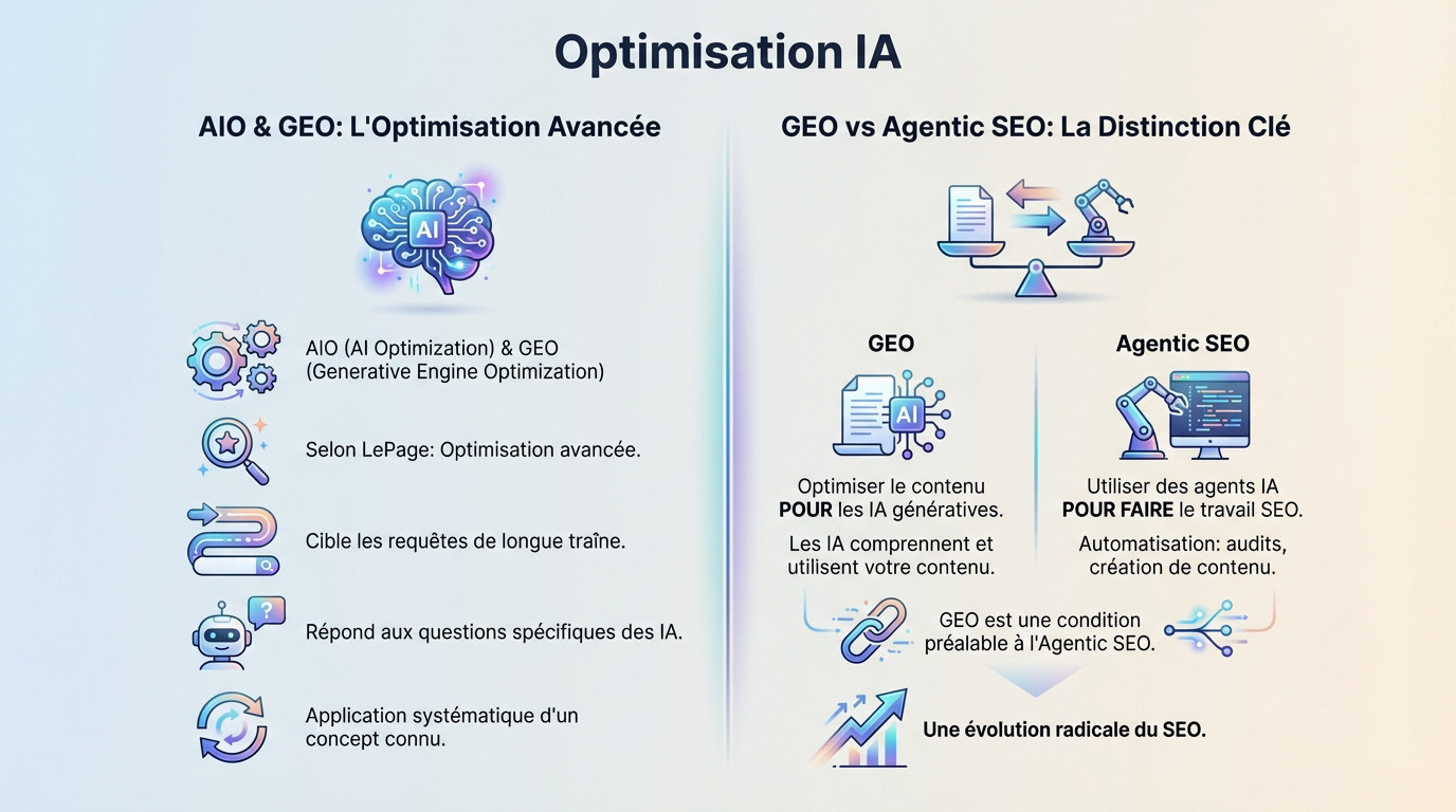 Schéma illustrant la différence entre AIO GEO et Agentic SEO pour les stratégies web