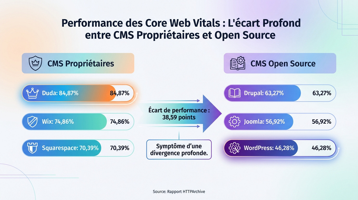 Graphique comparatif de la performance CMS Core Web Vitals entre solutions propriétaires et open source