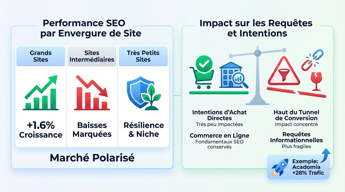 Graphique de performance SEO montrant les disparités entre sites et types de requêtes