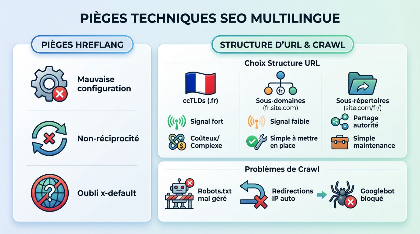 Illustration des pièges techniques fréquents en SEO international et configuration hreflang
