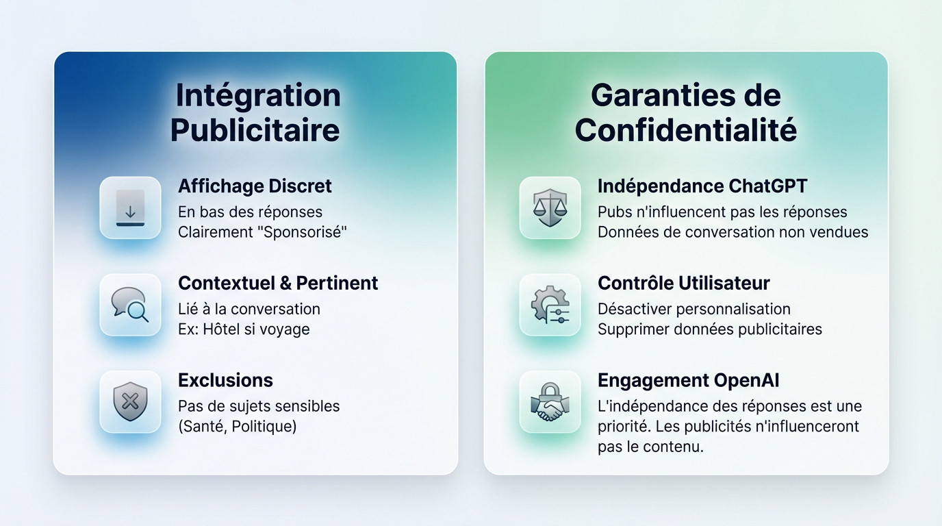 Interface de ChatGPT montrant l'emplacement des publicités et les paramètres de confidentialité