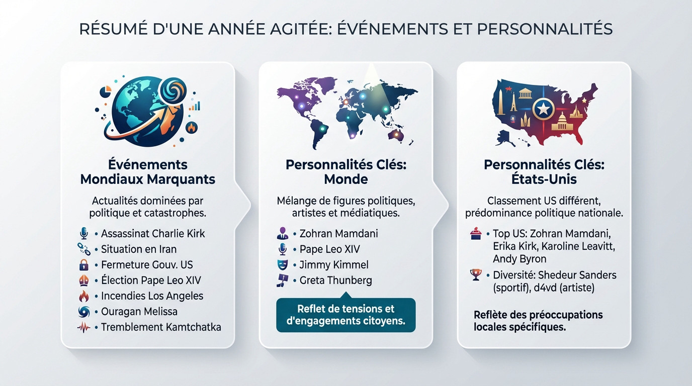 Résumé visuel des événements marquants et personnalités de l'année 2025 selon Google Trends