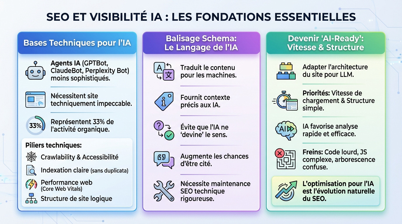 Schéma illustrant l'importance des fondations techniques SEO pour la visibilité dans les moteurs IA