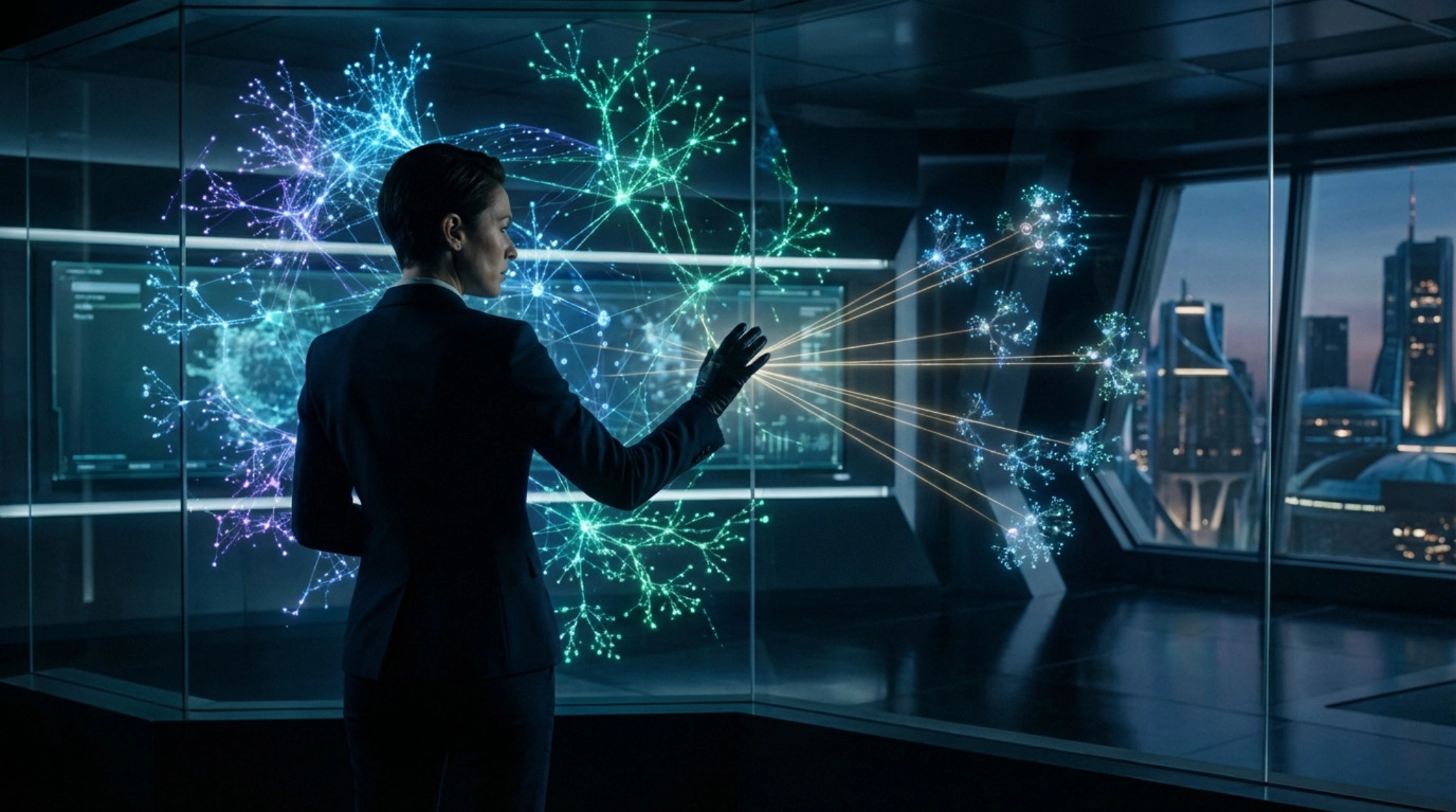 Professional in suit guides glowing AI network on a holographic display in a futuristic control room overlooking a city.