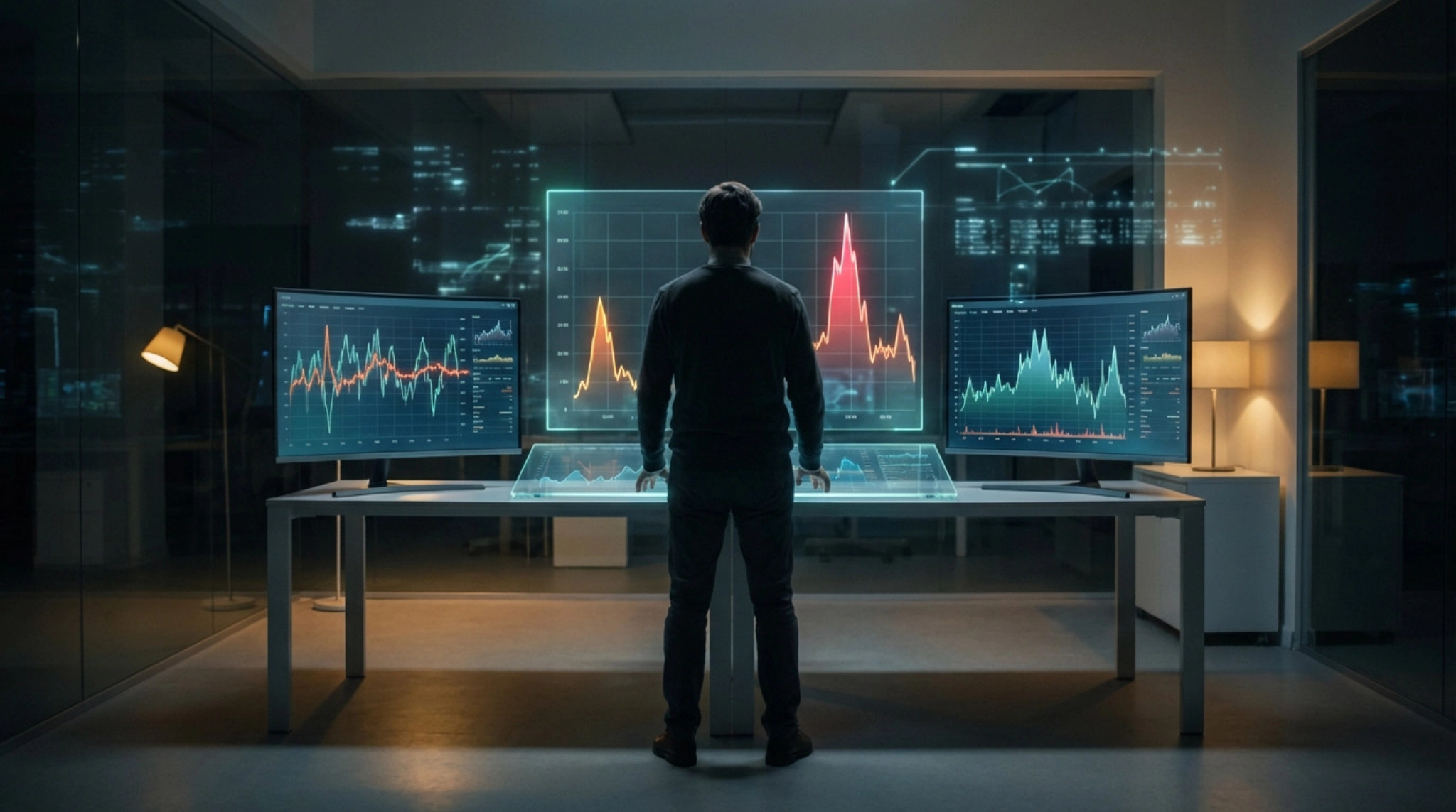 Rear view of a person analyzing complex, volatile data graphs on a large holographic screen in a futuristic digital office, illuminated by screen glow.
