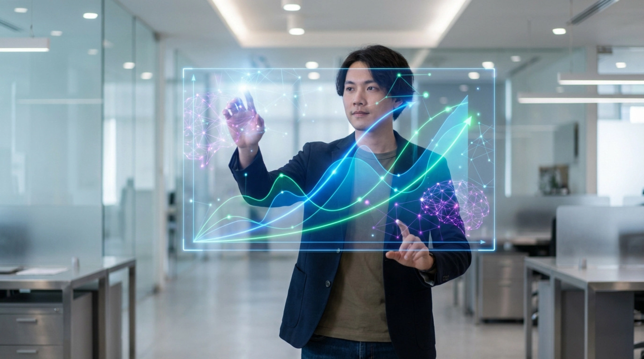 Professional individual interacting with a large, transparent holographic display showing e-commerce analytics, graphs, and AI patterns in a modern office.