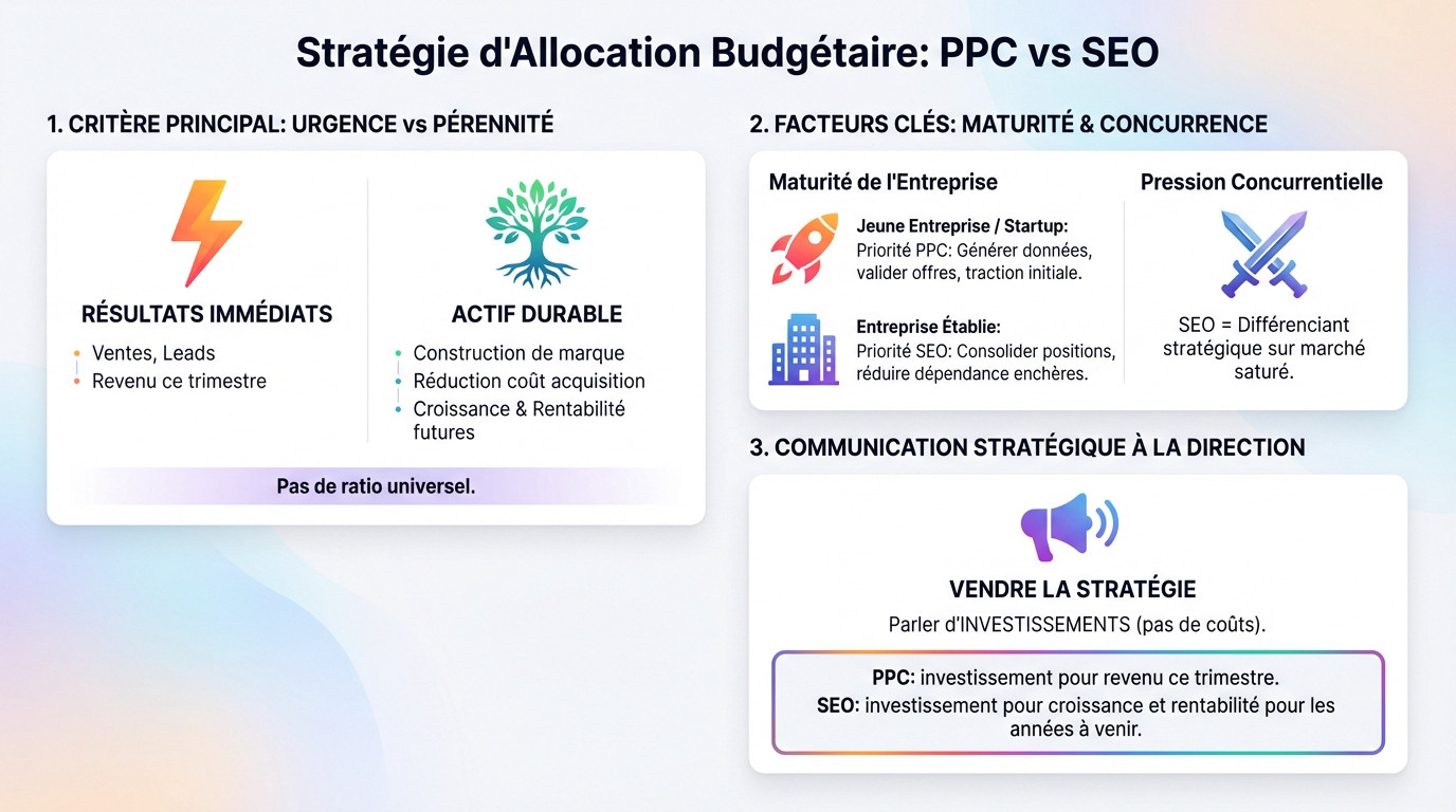 Graphique illustrant la stratégie d'allocation budgétaire entre PPC et SEO en fonction du temps et de la maturité