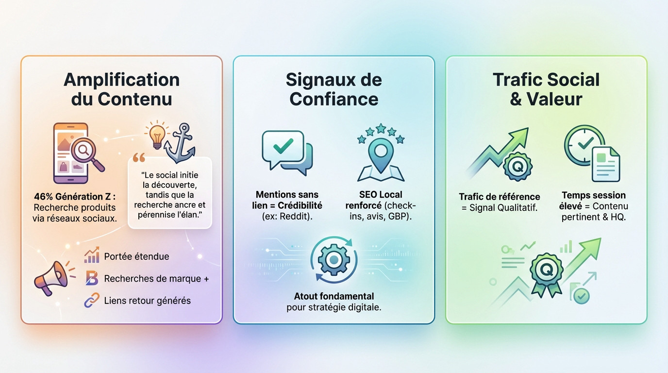Infographie illustrant la synergie entre SEO et médias sociaux pour l'autorité de marque
