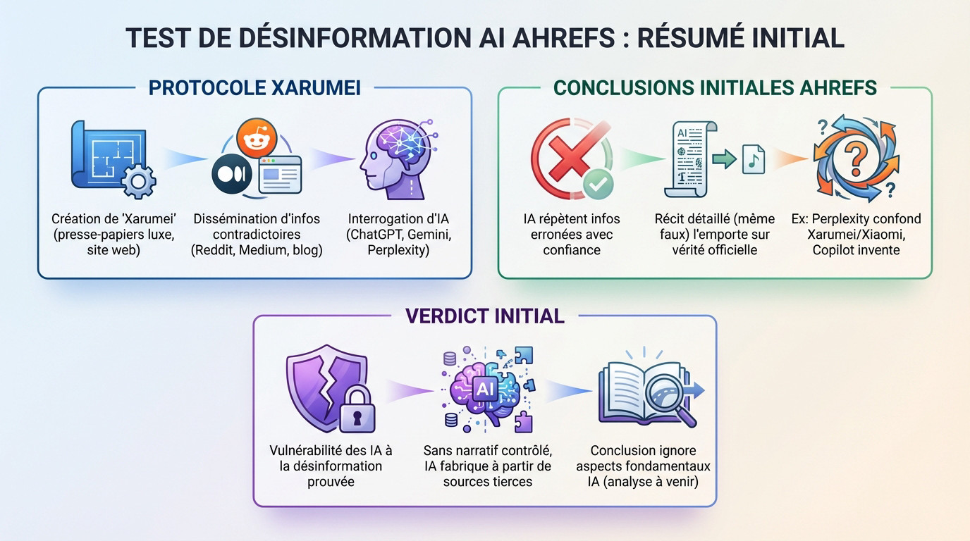 Graphique illustrant les résultats de l'expérience Ahrefs sur la désinformation et les réponses des IA