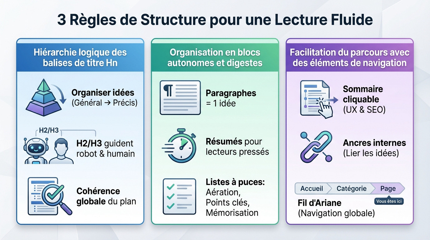 Structure optimisée d'un article SEO avec balisage Hn et blocs autonomes