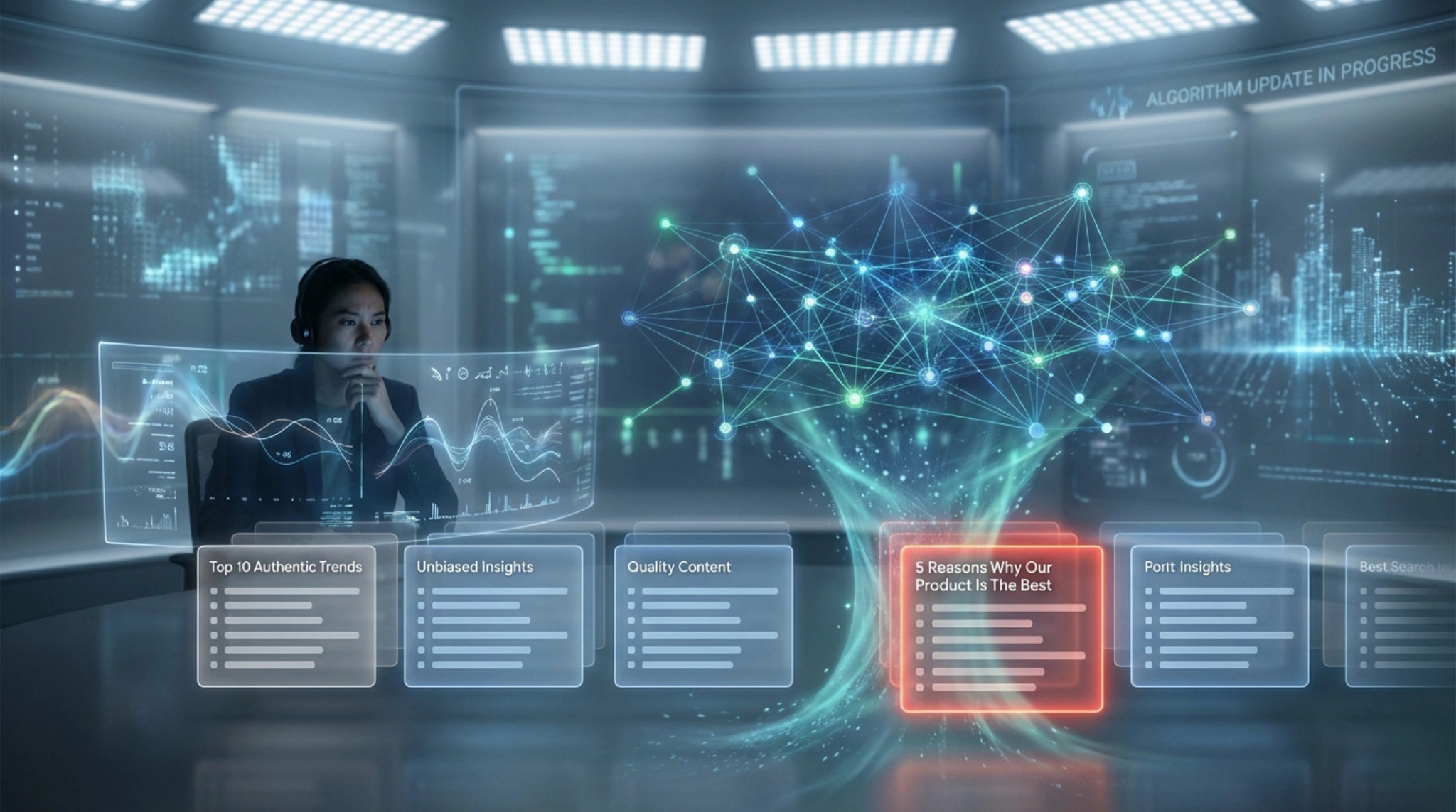 Futuristic digital interface showing an AI algorithm (glowing network) filtering a red-orange 'self-promotional' content block downwards. Other content blocks are stable. A strategist observes.
