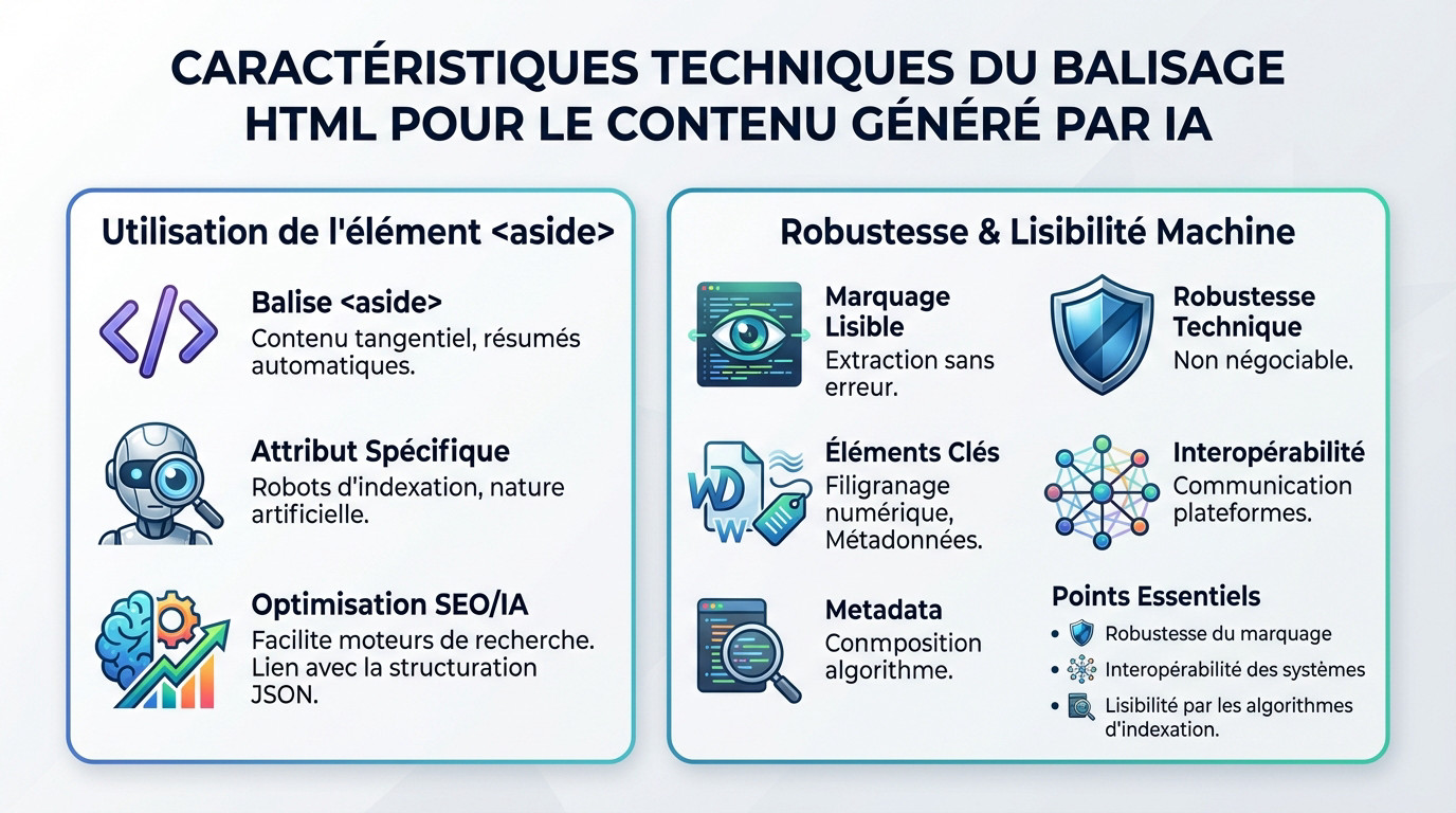 Schéma technique illustrant l'utilisation de la balise aside pour le marquage de contenu IA